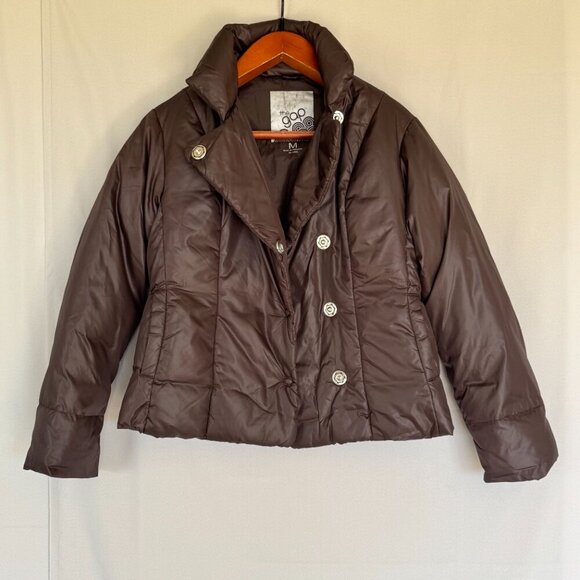 Y2K Gap Chocolate Brown Snap Front  Short Boxy Down Puffer Jacket Size Medium - Picture 3 of 11